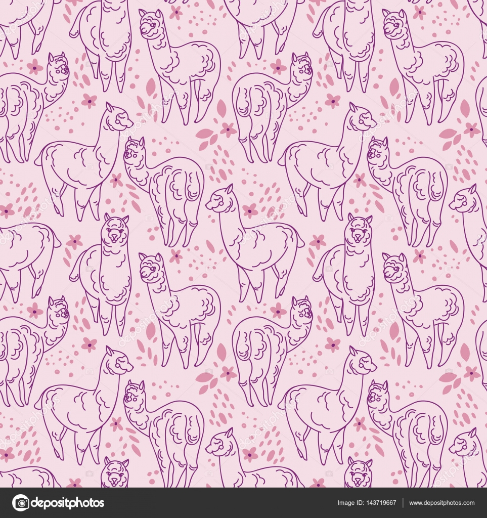 Seamless Pattern With Cute Doodle Alapaca And Flowers Stock Vector