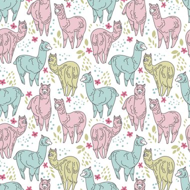 şirin doodle alapaca ve çiçekler ile Seamless Modeli