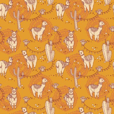 şirin doodle alapaca boho tarzı ve kaktüs ile Seamless Modeli