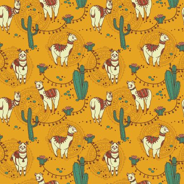 şirin doodle alapaca boho tarzı ve kaktüs ile Seamless Modeli