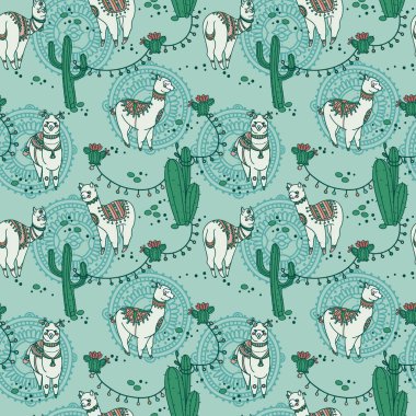 şirin doodle alapaca boho tarzı ve kaktüs ile Seamless Modeli