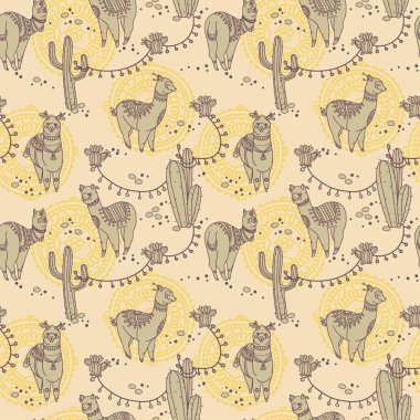 şirin doodle alapaca boho tarzı ve kaktüs ile Seamless Modeli