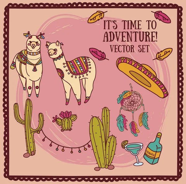 Χαριτωμένο doodle alapacas και κάκτος διακόσμηση και παραδοσιακή μεξικάνικη πράγματα σε boho στυλ — Διανυσματικό Αρχείο