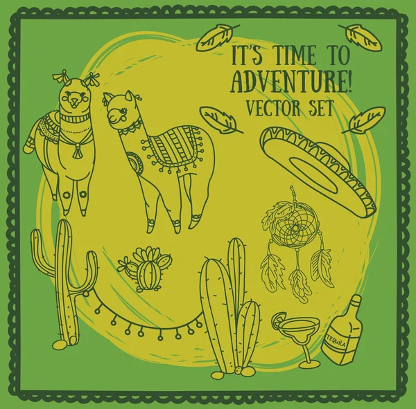 Mignon doodle alapacas et décoration de cactus, et trucs mexicains traditionnels dans le style boho — Image vectorielle