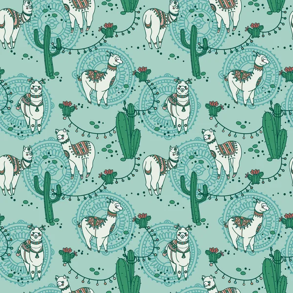 Naadloze patroon met schattige doodle alapaca in boho stijl en cactus — Stockvector