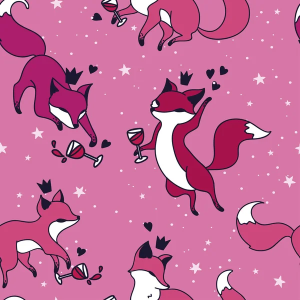 Seamless pattern with doodle foxes drinking wine — Stock Vector