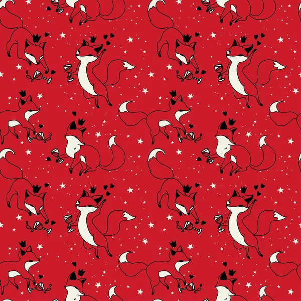 Seamless pattern with doodle foxes drinking wine — Stock Vector