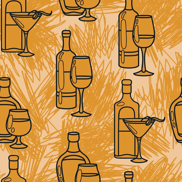 Patrón sin costura con botellas de alcohol y trazos — Vector de stock