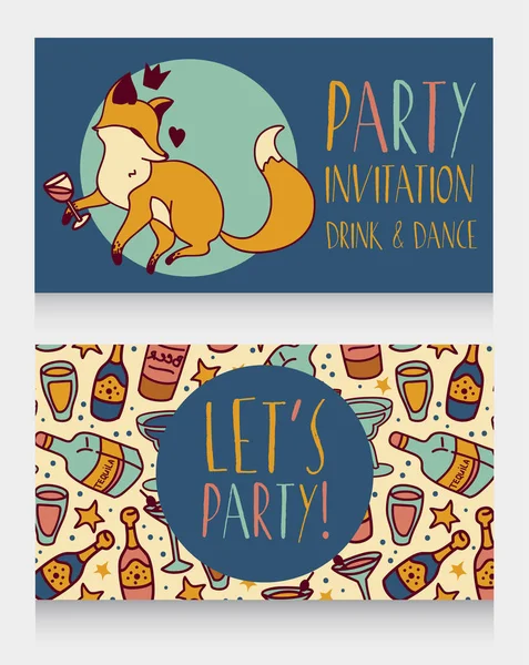 Invitation de fête avec mignon renard doodle boire du vin — Image vectorielle