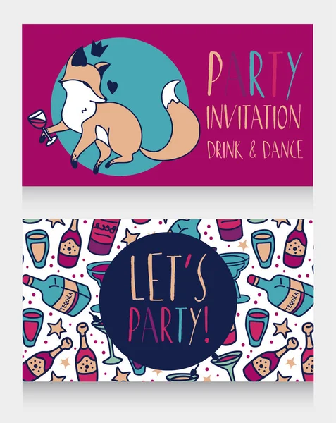 Invito alla festa con simpatico doodle fox bere vino — Vettoriale Stock