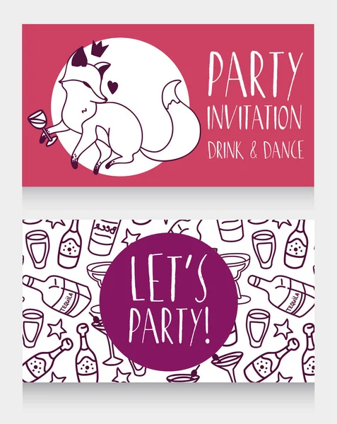 Party invitation with cute doodle fox drinking wine — Stock Vector