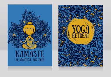 Güzel fantezi süsleme ve lotus asana insan ile yoga geri çekilme ya da yoga studio için iki afiş