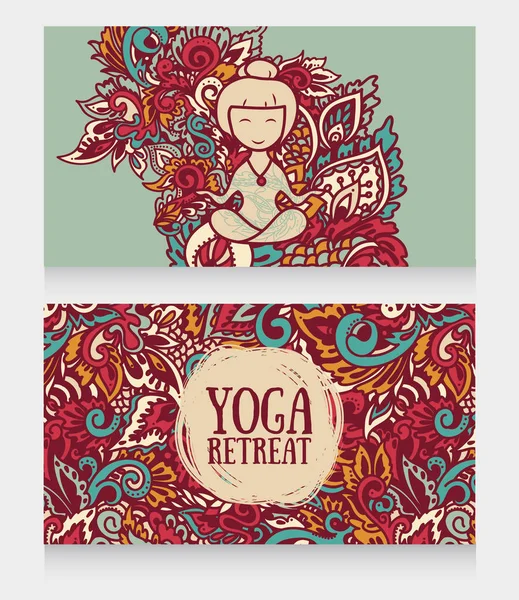Two banners for yoga retreat or yoga studio with beautiful fantasy ornament and human in lotus asana — Stock Vector