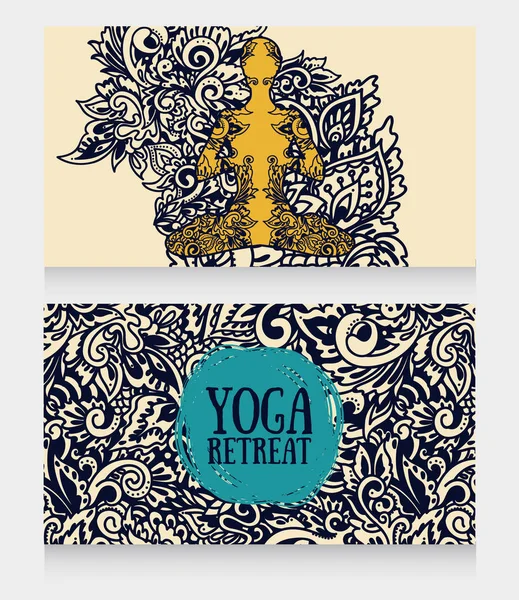 Due striscioni per ritiro yoga o studio di yoga con bellissimo ornamento di fantasia e umano in loto asana — Vettoriale Stock