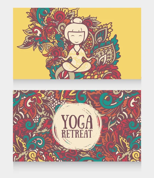 Dois banners para retiro de ioga ou estúdio de ioga com ornamento de fantasia bonita e humana em asana de lótus —  Vetores de Stock