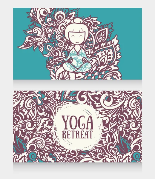 Two banners for yoga retreat or yoga studio with beautiful fantasy ornament and human in lotus asana — Stock Vector