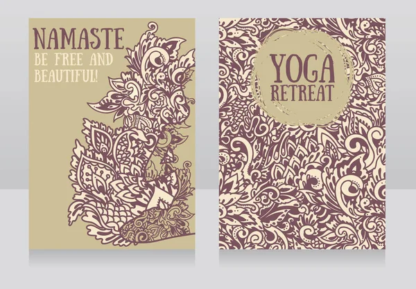 Due striscioni per ritiro yoga o studio di yoga con bellissimo ornamento di fantasia e umano in loto asana — Vettoriale Stock