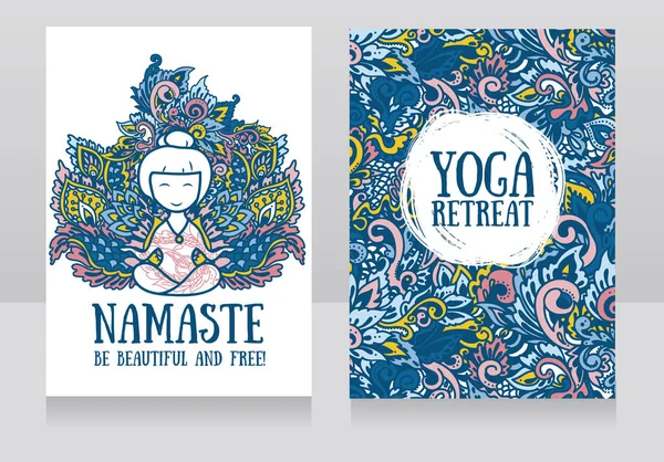 Dos banderas para retiro de yoga o estudio de yoga con hermoso adorno de fantasía y humano en loto asana — Archivo Imágenes Vectoriales