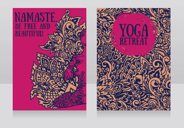 Deux bannières pour retraite de yoga ou studio de yoga avec beau ornement fantastique et humain dans lotus asana — Image vectorielle