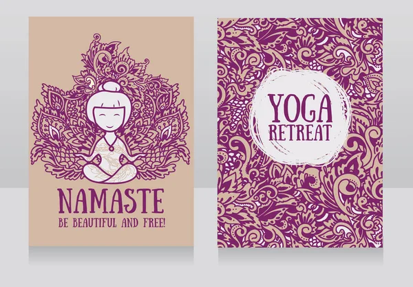 Dois banners para retiro de ioga ou estúdio de ioga com ornamento de fantasia bonita e humana em asana de lótus — Vetor de Stock