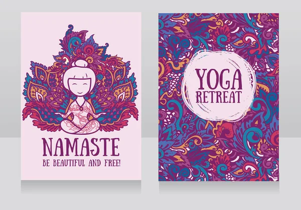 Two banners for yoga retreat or yoga studio with beautiful fantasy ornament and human in lotus asana — Stock Vector