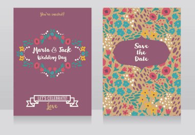 İki düğün kartları folklorik tarzı çiçek tasarım