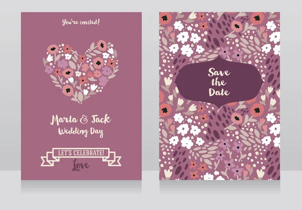 フォークロア スタイルの結婚式のカードを 2 枚、花のデザインします。 — ストックベクタ