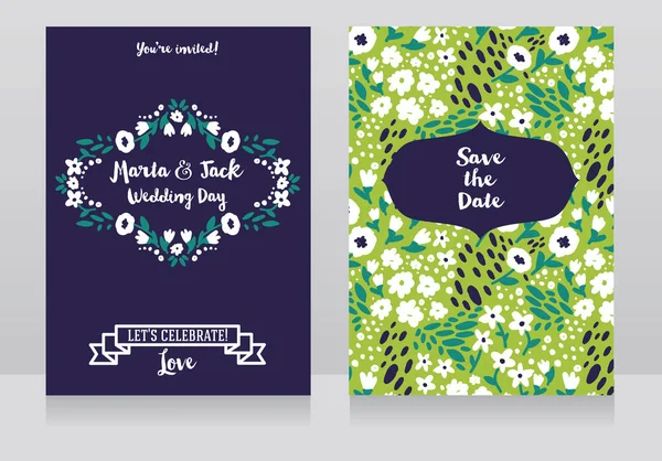 Dos tarjetas de boda en estilo folclórico, diseño de flores — Vector de stock