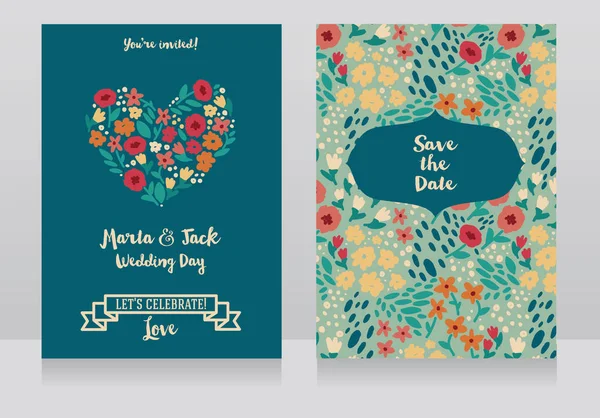 Dos tarjetas de boda en estilo folclórico, diseño de flores — Archivo Imágenes Vectoriales