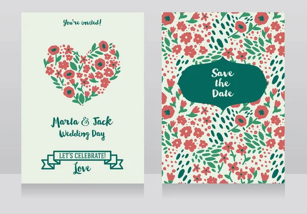 フォークロア スタイルの結婚式のカードを 2 枚、花のデザインします。 — ストックベクタ