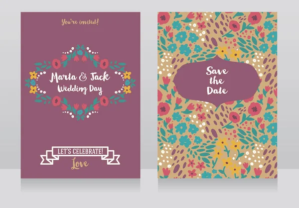 Deux cartes de mariage dans le style folklorique, conception de fleurs — Image vectorielle