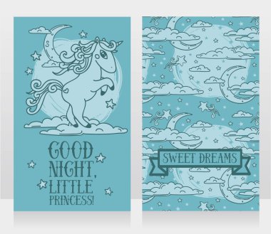 İyi geceler yıldızlar ve tek boynuzlu at ile şirin kartları