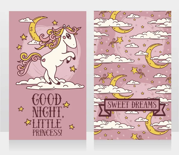 Carte carine per la buona notte con stelle e unicorno — Vettoriale Stock