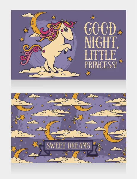 Leuke kaarten voor goede nachtrust met sterren en Eenhoorn — Stockvector