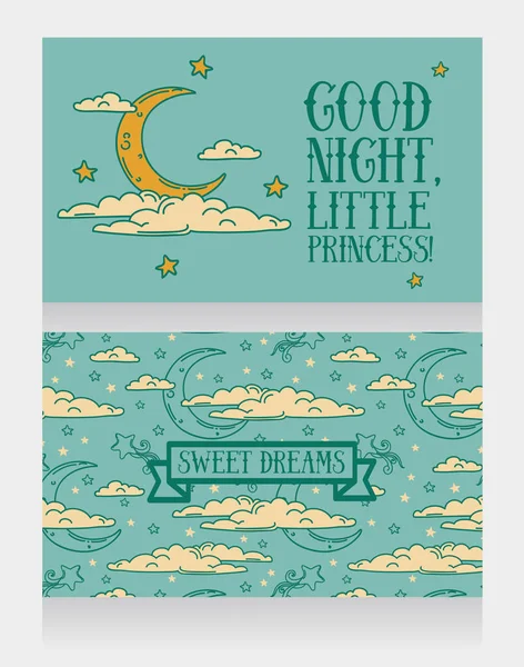 Χαριτωμένο κάρτες για καλή νύχτα με αστέρια και το φεγγάρι — Διανυσματικό Αρχείο
