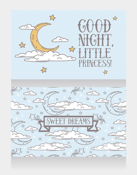 Carte carine per la buona notte con stelle e luna — Vettoriale Stock