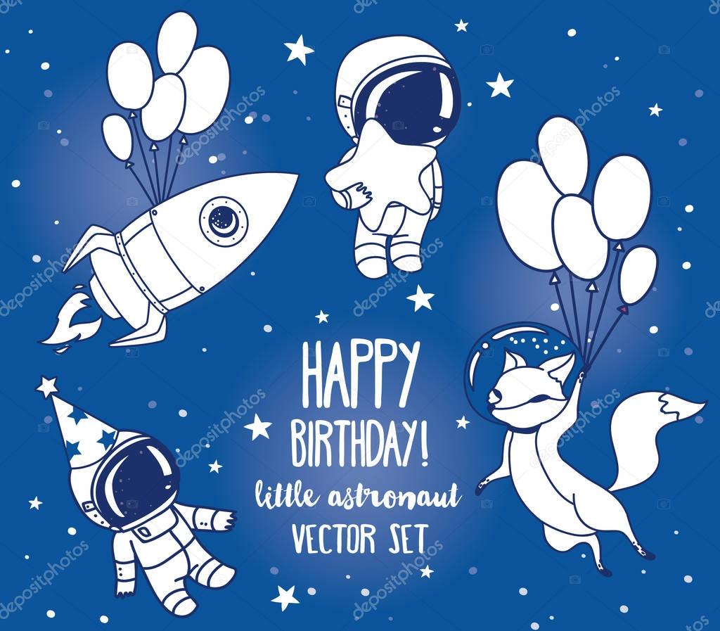 Set of cute fox with balloons, astronauts and rocket in space for birthday party in cosmic style
