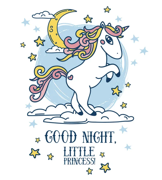 Dreamy poster for good night with stars and unicorn — Stock Vector