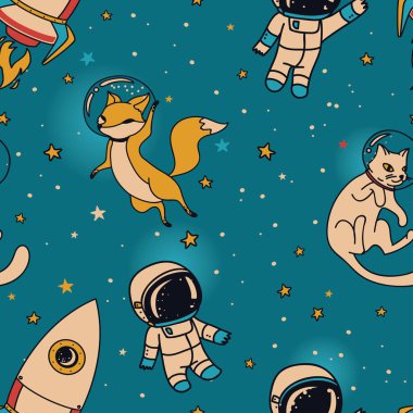 şirin doodle çocuklar, roketler, tilkiler ve uzayda yüzen kedi
