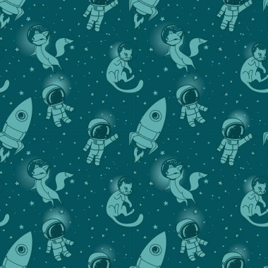 şirin doodle çocuklar, roketler, tilkiler ve uzayda yüzen kedi