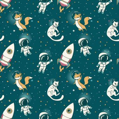 şirin doodle çocuklar, roketler, tilkiler ve uzayda yüzen kedi