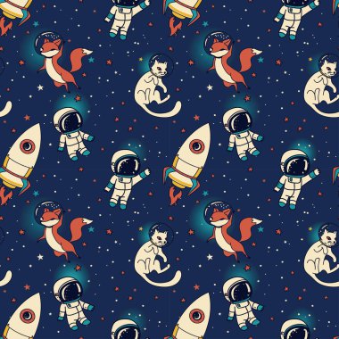 şirin doodle çocuklar, roketler, tilkiler ve uzayda yüzen kedi