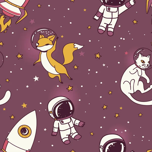 Söt doodle pojkar, raketer, rävar och katter flyter i rymden — Stock vektor