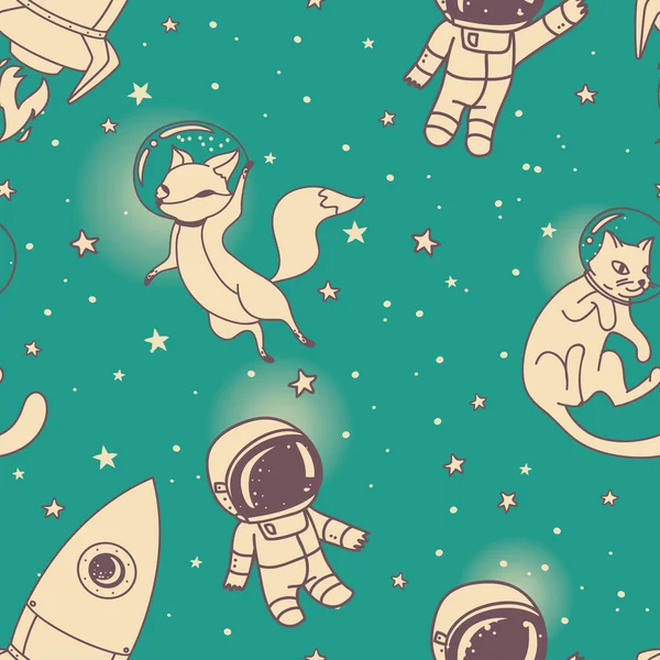 Drăguț doodle băieți, rachete, vulpi și pisici plutind în spațiu — Vector de stoc