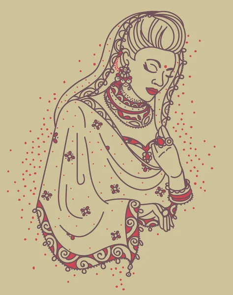 Портрет красивої молитовної індійської жінки в традиційному сарі — стоковий вектор