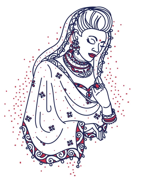 伝統的なサリーの美しい祈りのインドの女性の肖像画 — ストックベクタ