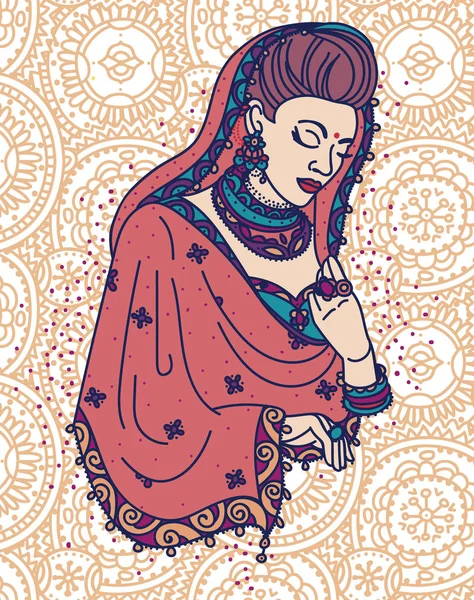 Retrato de hermosa mujer india rezando en saree tradicional — Vector de stock