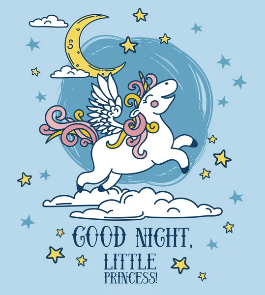 美好的夜晚，星星与独角兽梦幻海报 — 图库矢量图片