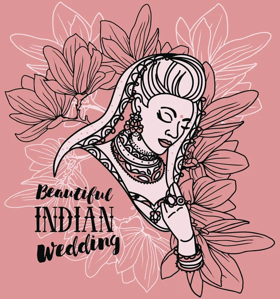 Vacker indisk kvinna och blommig ram — Stock vektor