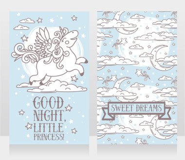 İyi geceler yıldızlar ve tek boynuzlu at ile şirin kartları